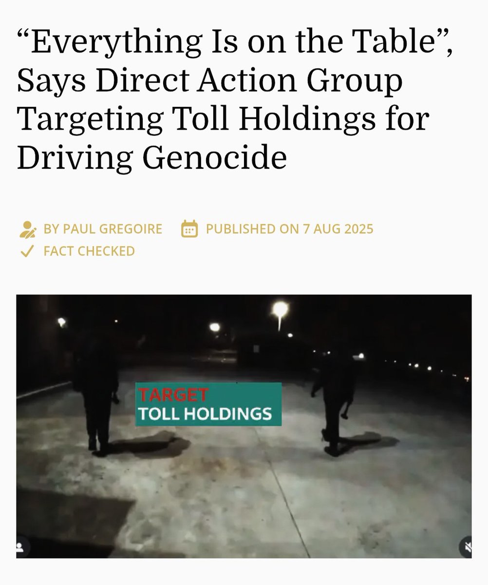 4AutonDestroyOz's tweet photo. *anon submission*
“Everything Is on the Table”, Says Direct Action Group Targeting Toll Holdings for Driving Genocide https://t.co/HjIVZAXxU2 https://t.co/bbBECPGpQB