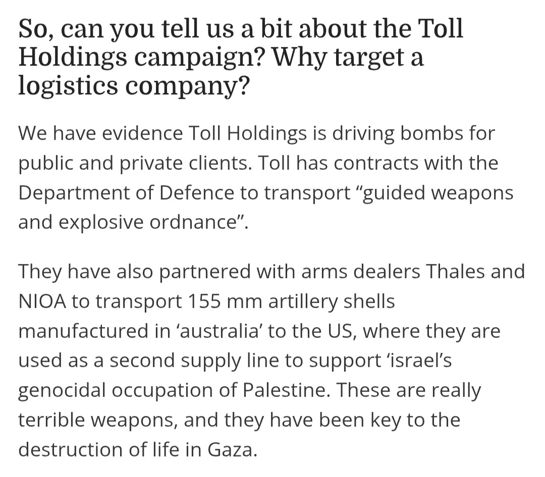 4AutonDestroyOz's tweet photo. *anon submission*
“Everything Is on the Table”, Says Direct Action Group Targeting Toll Holdings for Driving Genocide https://t.co/HjIVZAXxU2 https://t.co/bbBECPGpQB