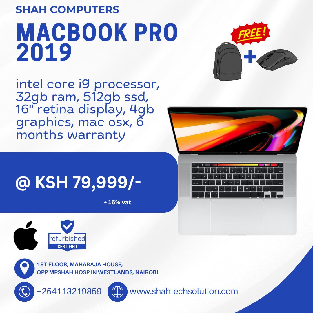 shahcomputers_'s tweet image. Unmatched performance meets unbeatable value.
Refurbished MacBook Pro 2019
🧠 Core i9 | 32GB RAM | 512GB SSD
🎨 16&quot; Retina | 4GB Graphics
🎁 Free backpack + mouse
💸 KSh 79,999 + VAT
Perfect for creatives, coders &amp;amp; pros on a budget.
📍 Shah Computers – Westlands, Nairobi…