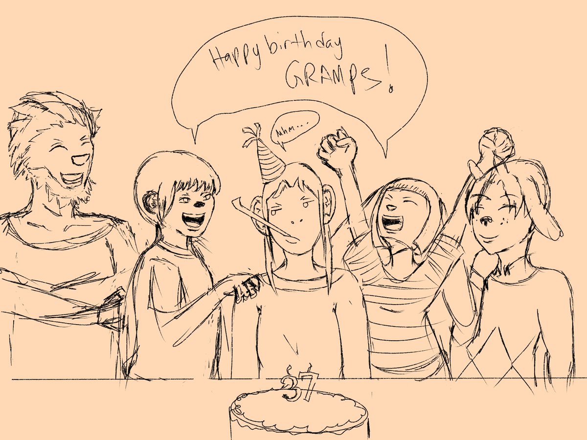 Super doodle of my cast, trying to dive into some writing so I imagined how they would all celebrate Zurons birthday , even Zuron himself