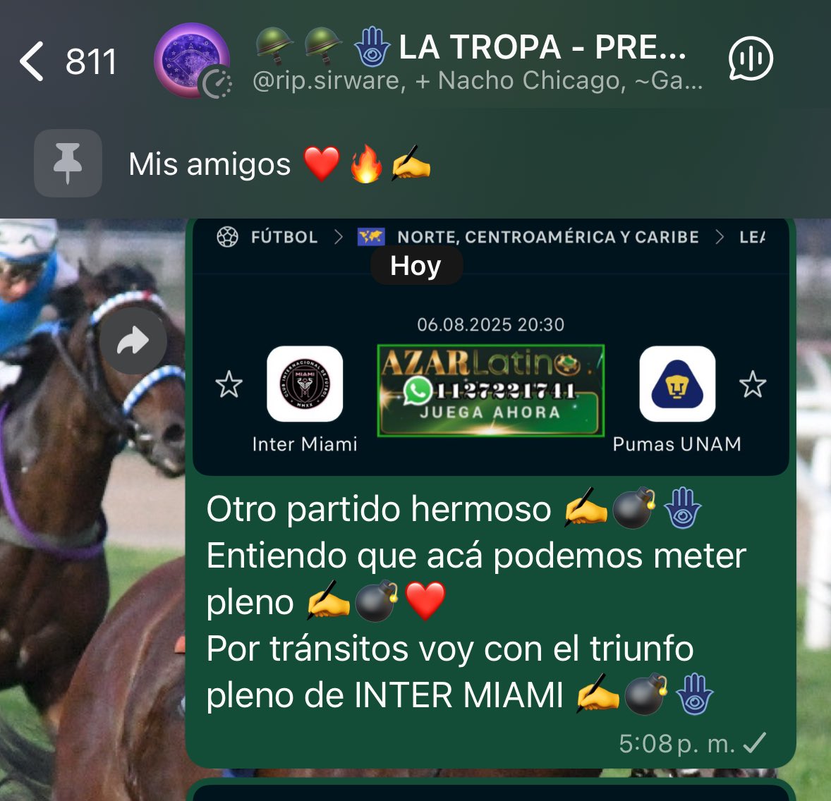 Astro_Psicolog1's tweet image. Grupo de WhastApp AL TROPA✍️❤️✅
#Gonza la Rompió con un terrible combinada✍️❤️✍️✅✅✅
Por mi parte hace instantes se dieron 3 predicciones plenas ✍️✅✍️✅✍️😬
¿Que estás esperando para formar parte del mejor grupo de WhastApp con casi 5 años de vigencia?
Info al privado.✍️✅