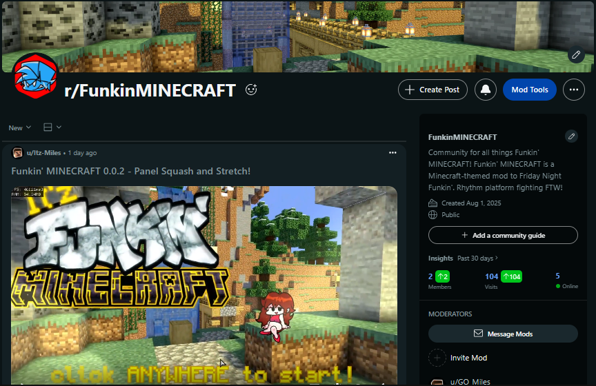 GO_MilesDev's tweet photo. I am DOWN the rabbit hole. Funkin' MINECRAFT's got a subreddit now!
REDDIT NATION, ASSEMBLE. (or whatever they say)
#fnf #funkinMINECRAFT #gamedev https://t.co/s1QN2F3HqB