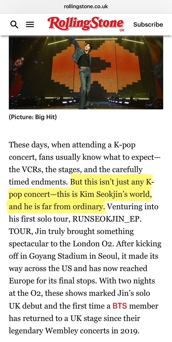 TheePopCore's tweet image. Rolling Stone gives JIN's RUNSEOKJIN EP Tour a perfect 5-star rating.

"This isn’t just any K-pop concert—this is Kim Seokjin’s world, and he is far from ordinary."