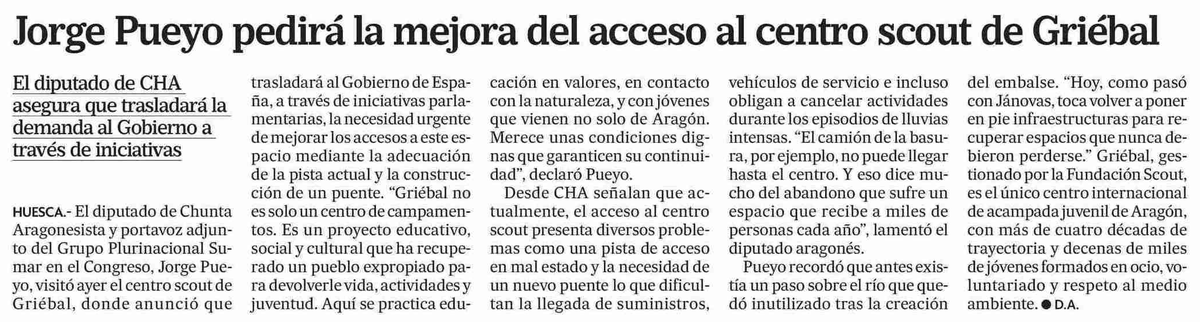 Chunta Aragonesista (@chunta) on Twitter photo 📰 <a href="/altoaragon/">Diario del Altoaragón</a>
⚜️ <a href="/jorge_pueyo95/">Jorge Pueyo</a> pedirá la mejora del acceso al centro scout de Griébal
El diputado de CHA asegura que trasladará la demanda al Gobierno a través de iniciativas 📰 <a href="/altoaragon/">Diario del Altoaragón</a>
⚜️ <a href="/jorge_pueyo95/">Jorge Pueyo</a> pedirá la mejora del acceso al centro scout de Griébal
El diputado de CHA asegura que trasladará la demanda al Gobierno a través de iniciativas