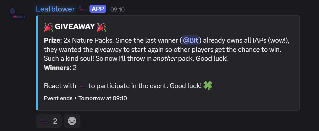 Another giveaway on our discord server. Join us to get a chance to win one of two Nature Packs! discord.gg/leaf-blower-re…