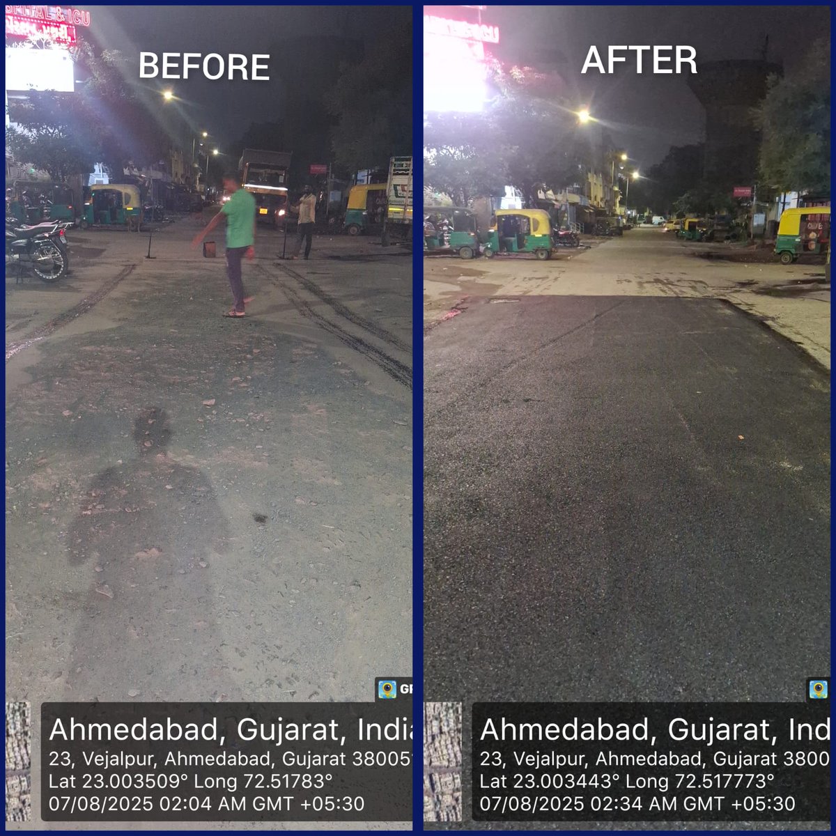AmdavadAMC's tweet image. Hotmix patchwork was carried out in Jodhpur, Vejalpur, and Maktampura Wards to enhance road quality and ensure safer, more comfortable commutes. AMC remains dedicated to building better, well-connected roads across Ahmedabad.

#hotmixpatchwork #amcroadworks…