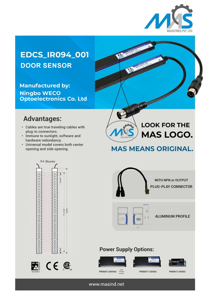 masindustriesin's tweet image. Presenting the EDCS_IR094_001 Door Sensor – manufactured by Ningbo WECO Optoelectronics Co. Ltd., and distributed by MAS Industries.

🔍 Look for the MAS logo. MAS means original.

#MASIndustries #DoorSensor #ElevatorComponents #NingboWECO #PrecisionTechnology #ElevatorSafety
