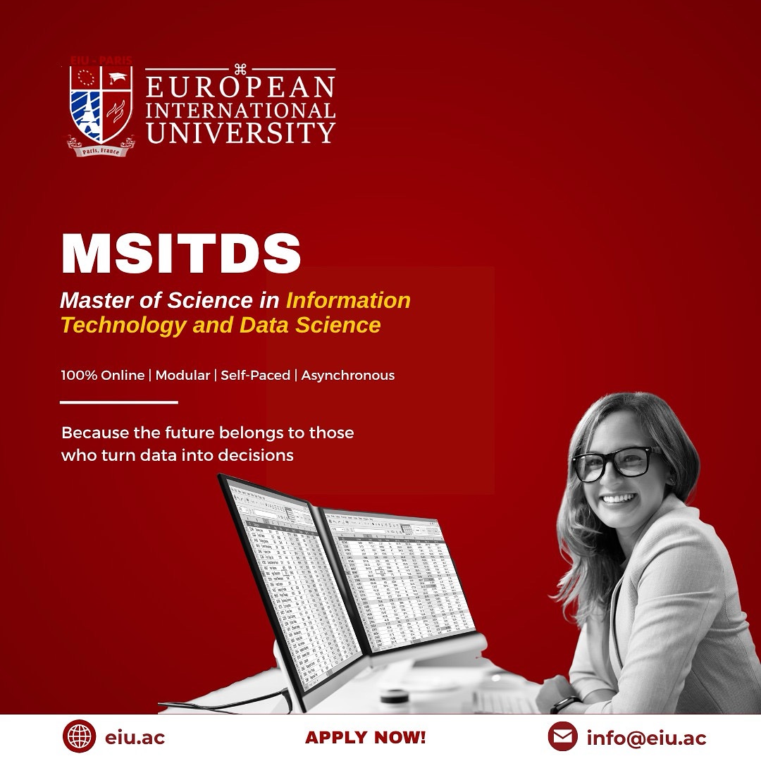 PARIS_EIU's tweet image. Master the Future with MSITDS at EIU-Paris
It is designed for future-ready professionals who want to lead the digital revolution with data-driven decisions and cutting-edge tech skills.🚀
💻 100% online
More info:
📩 info@eiu.ac
#EIUParis #MSITDS #DataScienceMasters