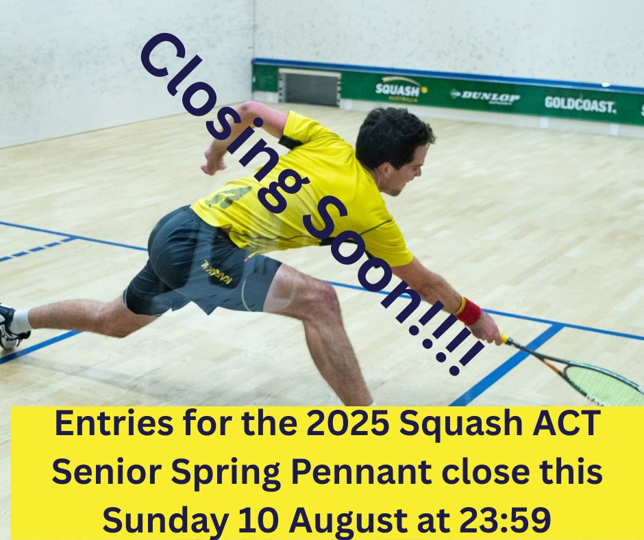 SquashACT's tweet image. Entries for the Squash ACT Senior Spring Pennant close on the 10 August, so get your entries in now - squashact.asn.au/our-events/pen…

With 41 entries so far, we’re building momentum, but we need more players to make this pennant a success!