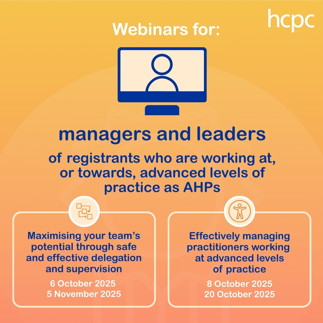 👥 Do you manage #AHPs working at advanced levels of practice? 

Learn how to maximise your team's potential, manage effectively and be clear on your regulatory standards. 

hcpc-uk.org/news-and-event…

#myHCPCstandards #AdvancedPractice #EnhancedPractice