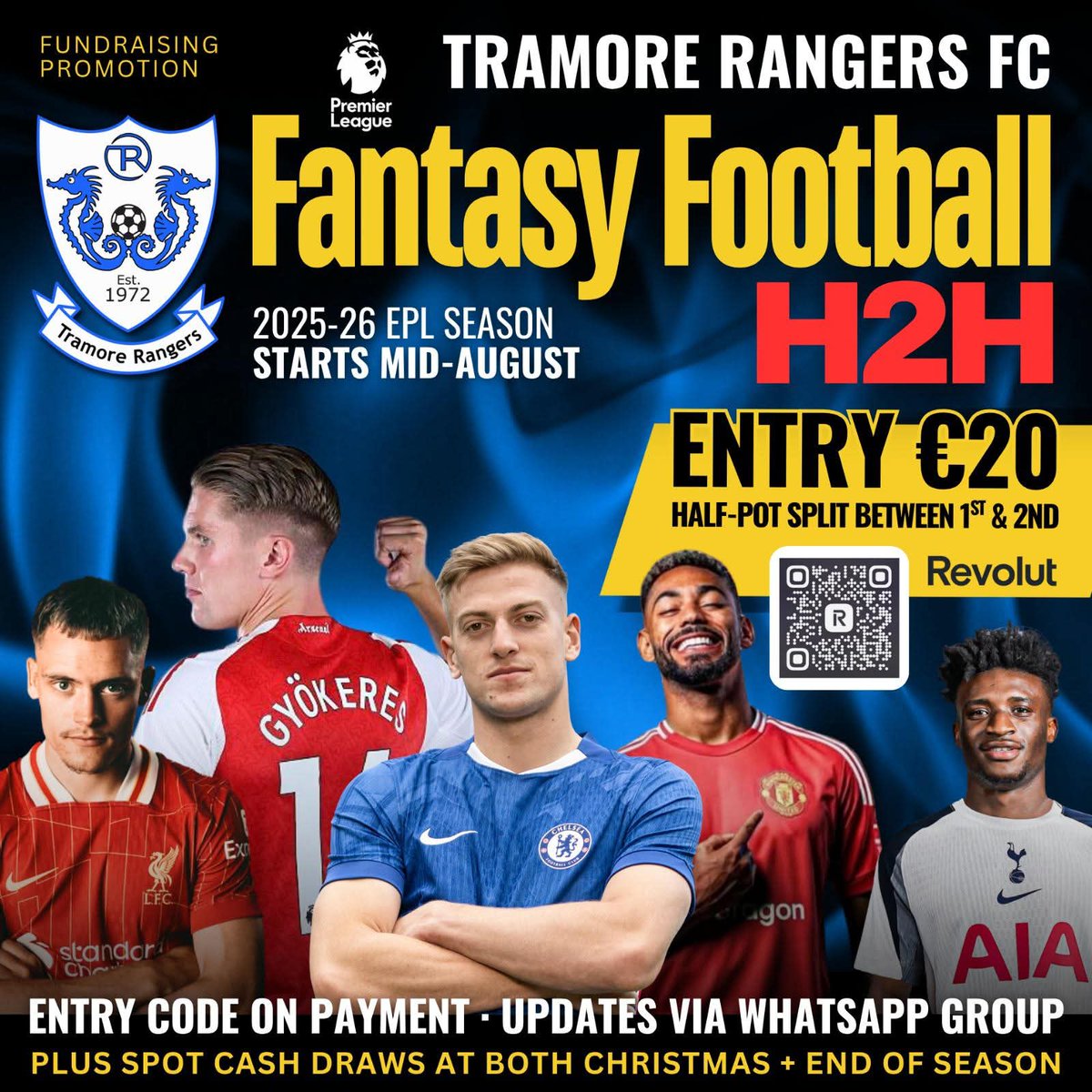 TramoreRangers's tweet photo. 📢 With just over a week to go to the start of the new English #PremierLeague season, Tramore Rangers are opening up their new #FantasyFootball H2H competition. 

⚽  Revolut your €20 entry to Daithí ASAP to get the code to the league &amp; you'll be added to the H2H WhatsApp group. https://t.co/9MDJMBLiAJ