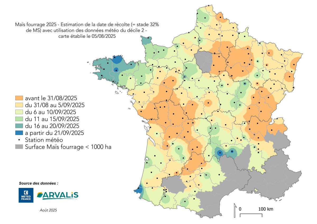 Le climat frais et pluvieux des dernières semaines retarde un peu le début des chantiers de récolte du maïs fourrage 🚜🌽

ARVALIS et ses partenaires proposent une deuxième cartographie des dates prévisionnelles de récolte du maïs fourrage après celle diffusée le 22 juillet. ⤵