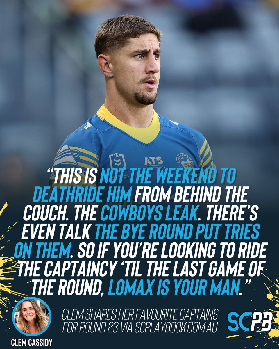 SC Playbook - NRL (@scplaybook1) on Twitter photo Zac Lomax coming up against the worst defence in the comp makes him the perfect captaincy candidate 🤤
Former 6th-placed finisher <a href="/clem_cassidy/">Clementine Cassidy</a> shares her favourite captains ahead of Round 23 👉 tinyurl.com/ynvzs8pe
#nrl #nrlsupercoach Zac Lomax coming up against the worst defence in the comp makes him the perfect captaincy candidate 🤤
Former 6th-placed finisher <a href="/clem_cassidy/">Clementine Cassidy</a> shares her favourite captains ahead of Round 23 👉 tinyurl.com/ynvzs8pe
#nrl #nrlsupercoach