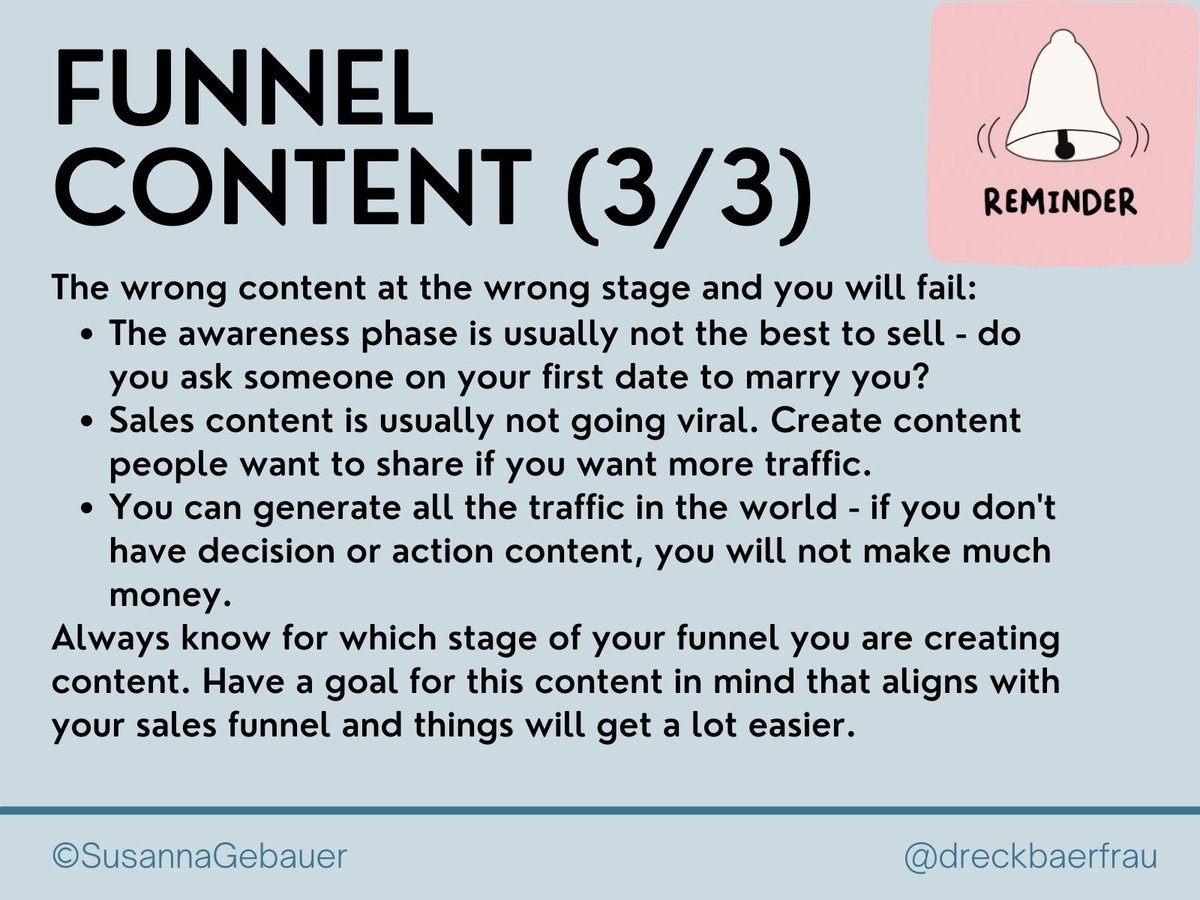 Content creation should focus on the step of your marketing funnel you are addressing. 

Every piece of content should serve ONE purpose in the funnel. 
Then, your content will be much more efficient! 

Learn more about funnel content in the post: susannagebauer.com/blog/funnel-co…