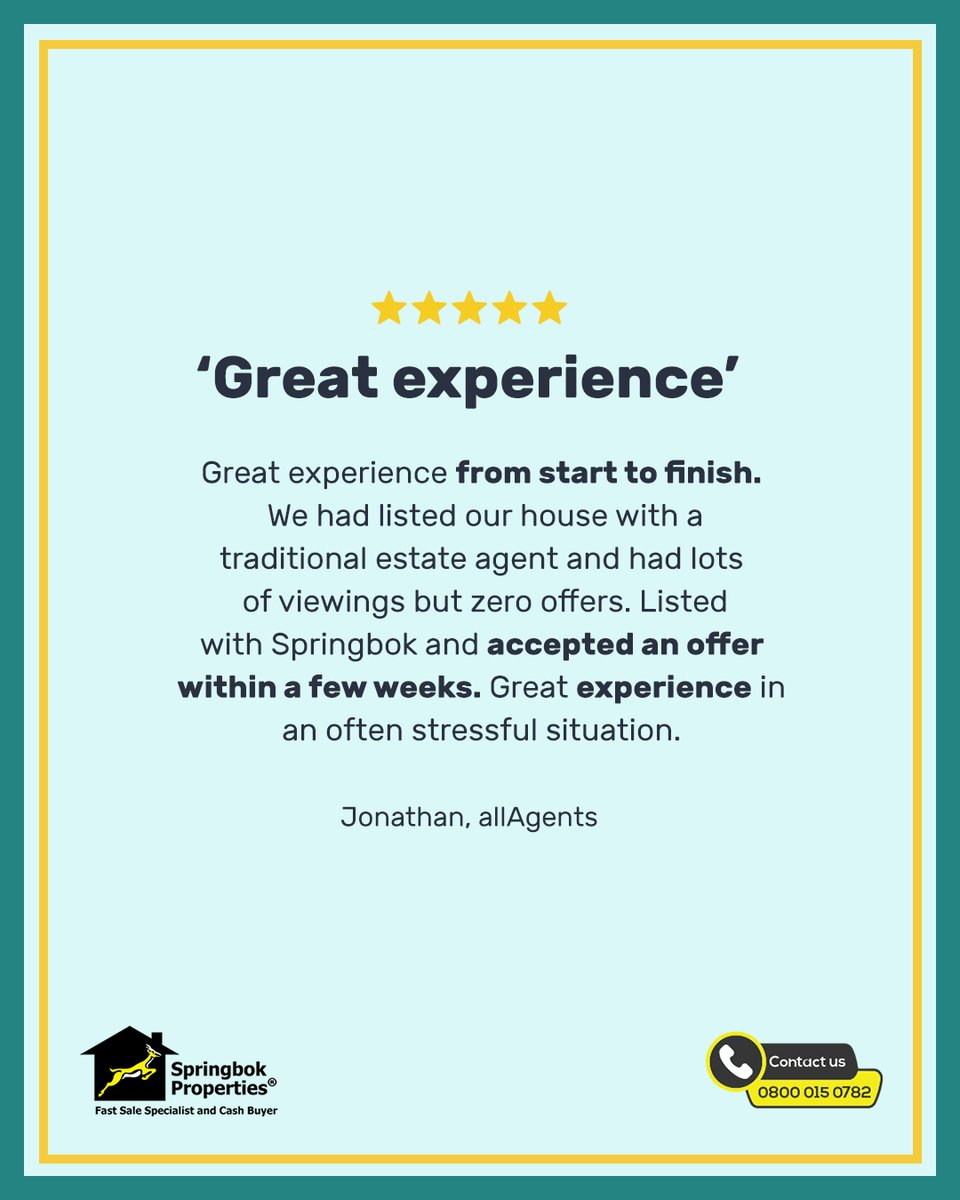Fast sales are our speciality, as Jonathan discovered! To get your property sold quickly, go to: bit.ly/3FD57yo  
#sellwithSpringbok #fastsale #quicksale #fasthousesale #quickhousesale #customerreview #feedback #testimonial #greatexperience