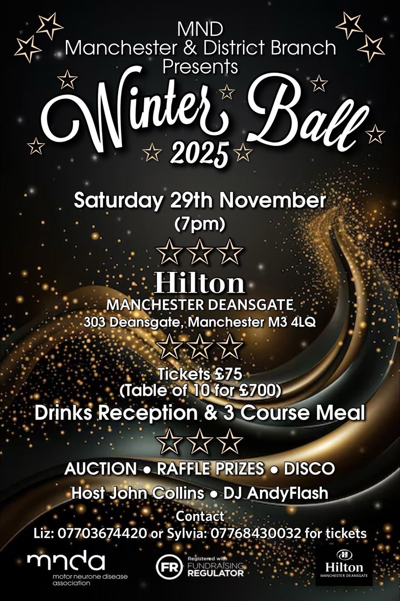 Greg Broadhurst (@gregbroadhurst) on Twitter photo This year our <a href="/MNDManchester/">MND Association - Manchester & District Branch</a> branch has our winter ball!
It’ll raise funds for <a href="/mndassoc/">MND Association</a> in Greater Manchester and tickets are selling well. Grab yours soon!
To sponsor a table as a business is £100, and contact <a href="/LizGroundland/">Liz Groundland</a> if you are interested. Prizes are welcome as well. This year our <a href="/MNDManchester/">MND Association - Manchester & District Branch</a> branch has our winter ball!
It’ll raise funds for <a href="/mndassoc/">MND Association</a> in Greater Manchester and tickets are selling well. Grab yours soon!
To sponsor a table as a business is £100, and contact <a href="/LizGroundland/">Liz Groundland</a> if you are interested. Prizes are welcome as well.