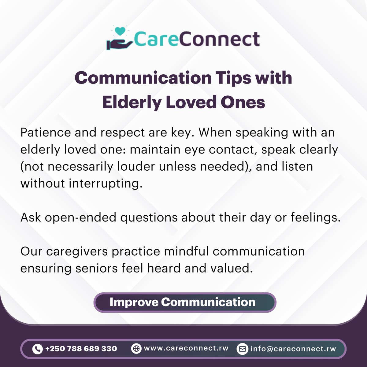 Careconnectrw's tweet photo. Sometimes the hardest part is just talking. 🗣 Simple tweaks, like speaking slowly and really listening, can strengthen your bond with an elderly parent or grandparent. Try these tips for a more meaningful conversation. #ElderlyCare #Communication #Careconnect #Caregiver #care https://t.co/GDbM4bW053