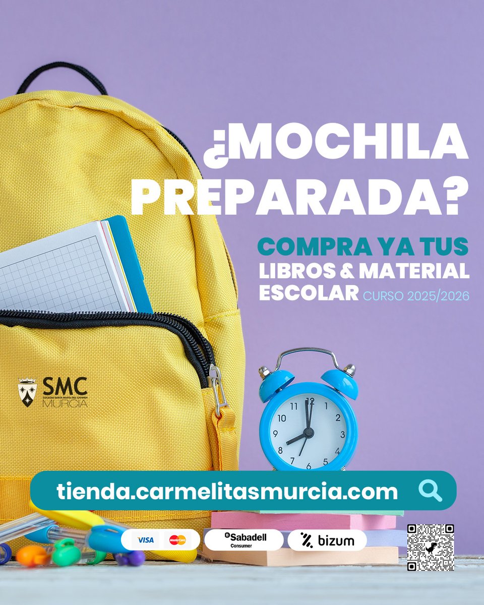 📚 𝗟𝗜𝗕𝗥𝗢𝗦 𝗬 𝗠𝗔𝗧𝗘𝗥𝗜𝗔𝗟 𝗘𝗦𝗖𝗢𝗟𝗔𝗥 𝗬𝗔 𝗔 𝗟𝗔 𝗩𝗘𝗡𝗧𝗔 🖍 ✏️ ℂ𝕌ℝ𝕊𝕆 𝟚𝟘𝟚𝟝/𝟚𝟘𝟚𝟞 🖋
🛒 ¿Aún no tienes tu mochila preparada para el nuevo curso? ¡COMPRA YA ONLINE! Tus libros y material escolar ya están disponibles📦📘

🔗 tienda.carmelitasmurcia.com