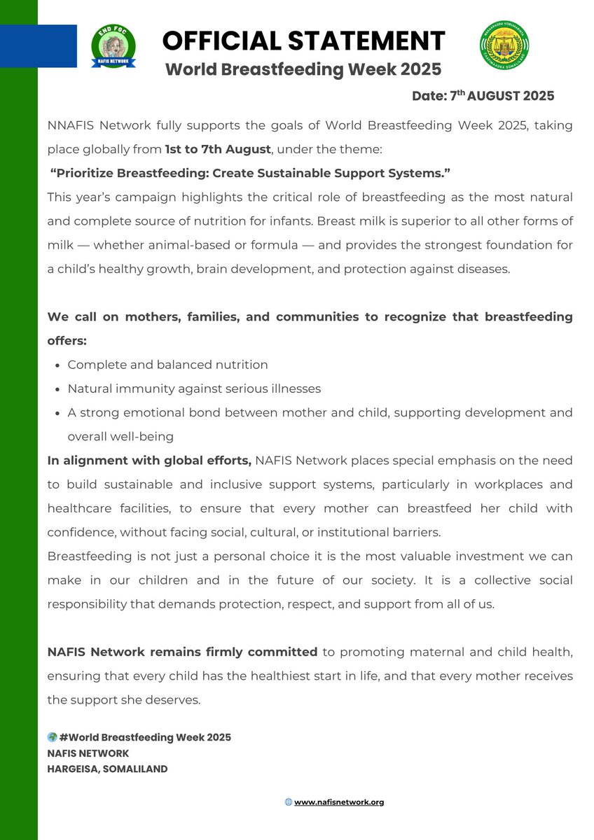 📢 Official Statement from NAFIS Network

NAFIS Network fully supports the goals of World Breastfeeding Week 2025 (August 1–7) under the theme:
“Prioritize Breastfeeding: Create Sustainable Support Systems.”

Breastfeeding is the most complete, natural, and life-saving nutrition