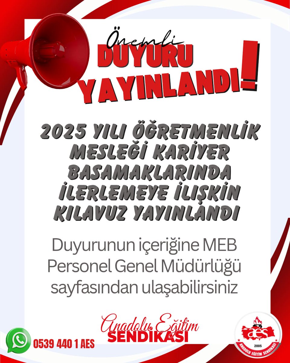📢 2025 Yılı Öğretmenlik Mesleği Kariyer Basamaklarında İlerlemeye İlişkin Kılavuz yayımlandı.

📅 Başvuru: 20 Ağustos – 5 Eylül 2025
📚 Eğitim: 1 Eylül – 15 Aralık 2025
📥 Ek Başvuru: 3 – 7 Kasım 2025
📄 Sertifika Düzenleme: 1 Eylül 2025 – 30 Ocak 2026 tarihlerinde