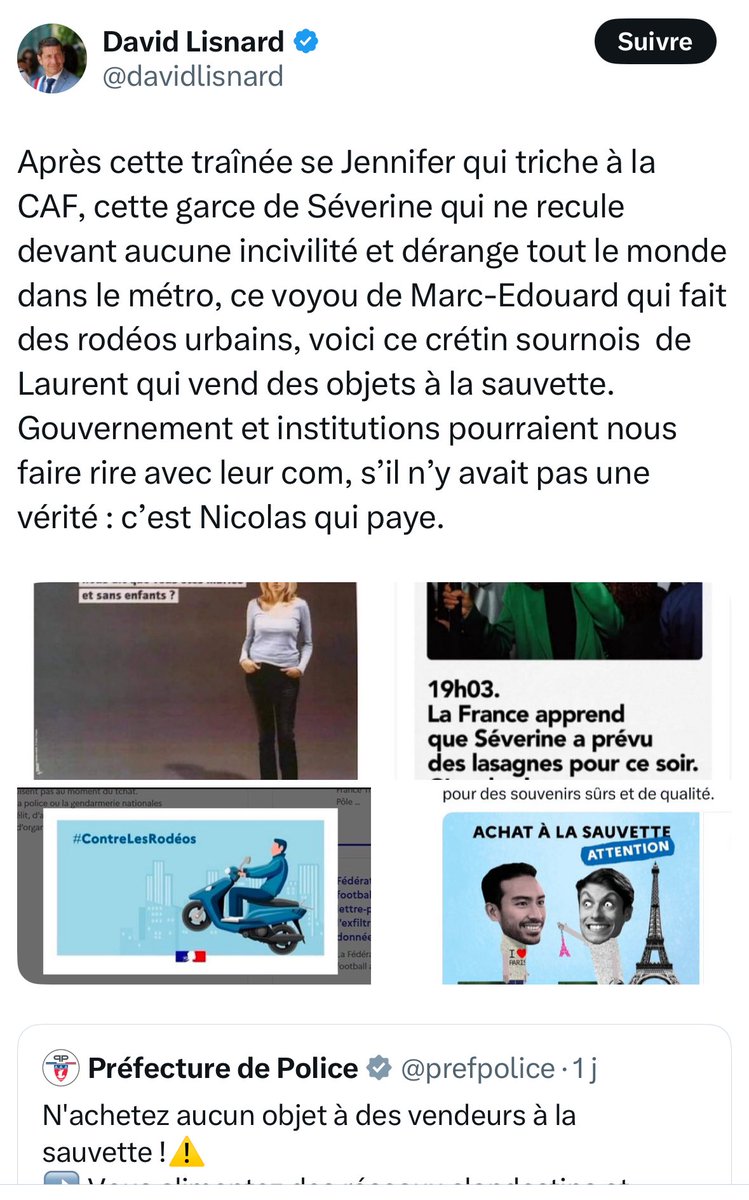 Dans les médias mainstream, <a href="/davidlisnard/">David Lisnard</a> est présenté comme « la droite modérée », raisonnable face à un Bruno Retailleau radicalisé.
Comme vous pouvez le voir dans ce tweet très distingué, le maire de Cannes n’aime pas que des affiches insinuent que les incivilités puissent