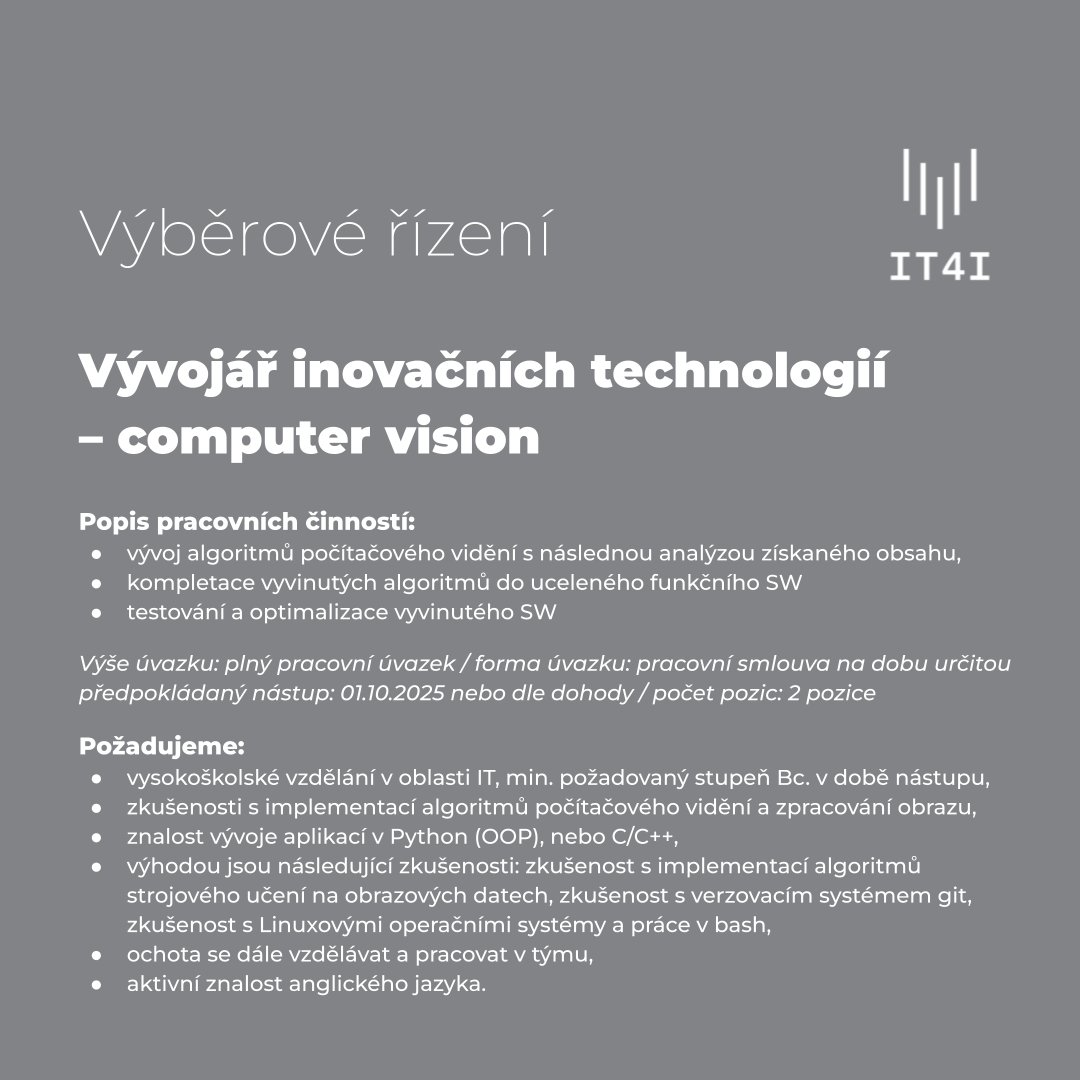 researchjobs_cz's tweet image. Volné pozice v @IT4Innovations: Vývojář inovačních technologií – #computerVision
Read more: researchjobs.cz/jFO6g
#CV #imageProcessing #Ostrava