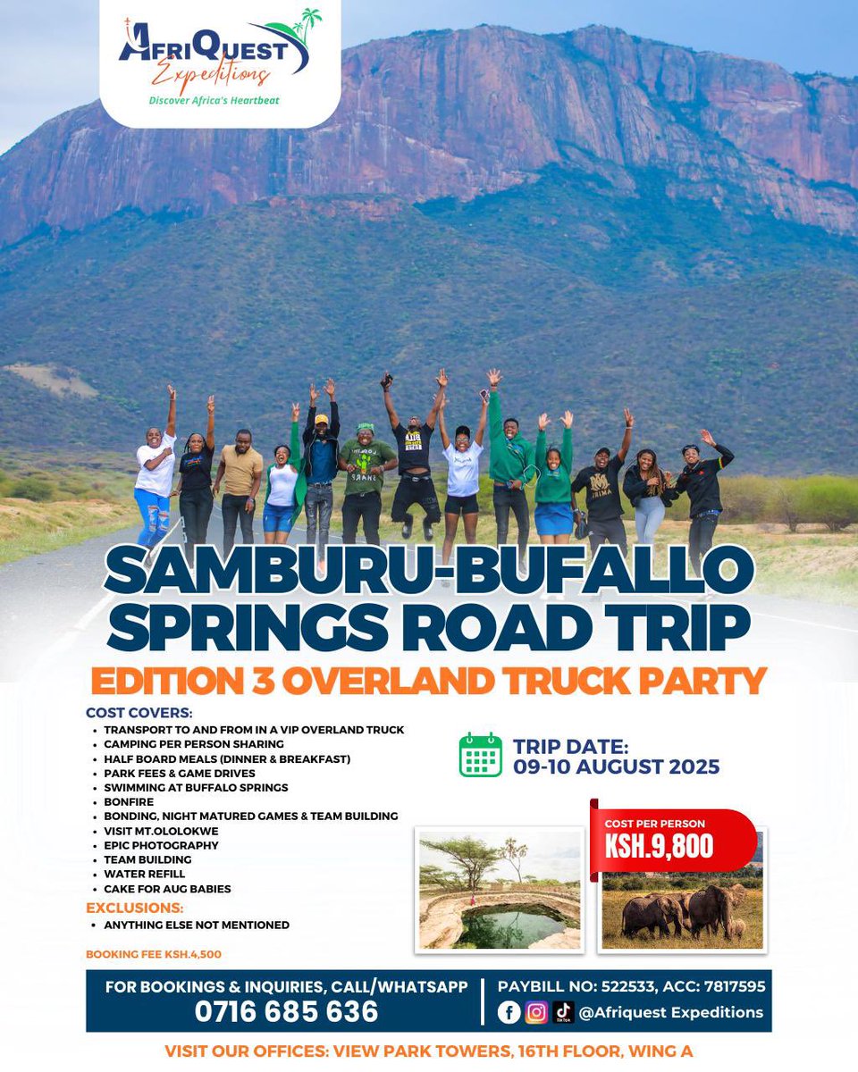 Samburu this Saturday 🔥😍

Ksh 9,800 for 2 days and 1 night camping

Overland party experience 
Meals 
Gamedrives
Buffalo springs