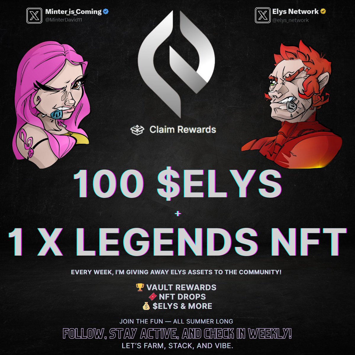 Minter_is_Coming (@minterdavid11) on Twitter photo π₯WEEKLY GIVEAWAY TIME π₯
Two lucky winners this week will receive:
π΅ 100 $ELYS
π 1 x Elysian Legends NFT
β‘οΈβ‘οΈLike, RT, Tag, etc. Comments get extra entries.
Join the Elys Summer Giveaway Fest β weβre giving back all summer long!
π Vault rewards
π NFT drops
πΈ $ELYS & π₯WEEKLY GIVEAWAY TIME π₯
Two lucky winners this week will receive:
π΅ 100 $ELYS
π 1 x Elysian Legends NFT
β‘οΈβ‘οΈLike, RT, Tag, etc. Comments get extra entries.
Join the Elys Summer Giveaway Fest β weβre giving back all summer long!
π Vault rewards
π NFT drops
πΈ $ELYS &