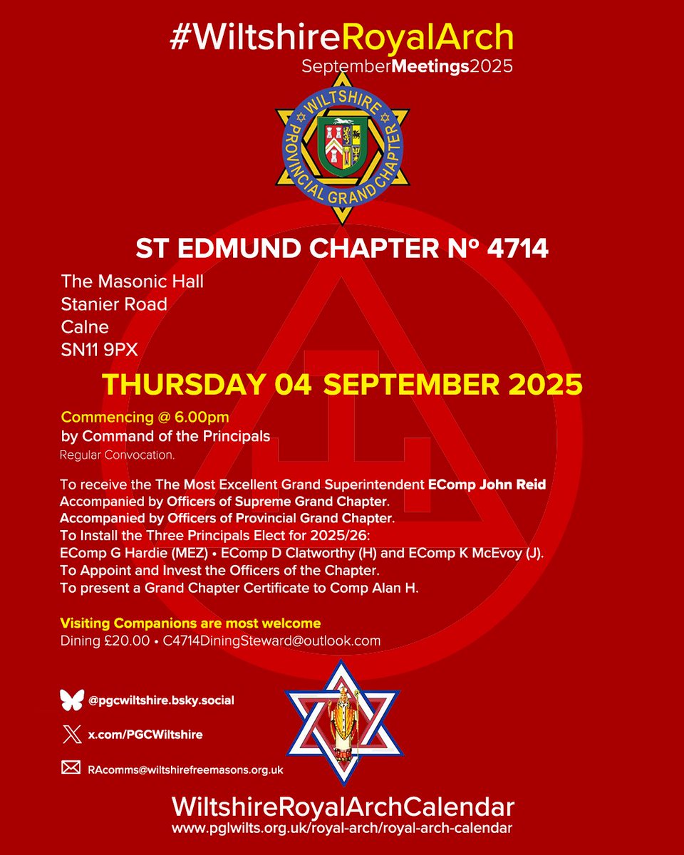 PGChapter Wiltshire (@pgcwiltshire) on Twitter photo #WiltshireRoyalArch Meetings-September-2025. St Edmund Chapter N° 4714. Thursday 04th Sept 2025 @ 6.00pm. The Masonic Hall, Stanier Road, Calne SN11 9PX. Visiting Companions are most welcome to attend. #RoyalArch #DiscoverMore <a href="/PGCWiltshire/">PGChapter Wiltshire</a> <a href="/wiltspgl/">Wiltshire Freemasons</a> #WiltshireRoyalArch Meetings-September-2025. St Edmund Chapter N° 4714. Thursday 04th Sept 2025 @ 6.00pm. The Masonic Hall, Stanier Road, Calne SN11 9PX. Visiting Companions are most welcome to attend. #RoyalArch #DiscoverMore <a href="/PGCWiltshire/">PGChapter Wiltshire</a> <a href="/wiltspgl/">Wiltshire Freemasons</a>