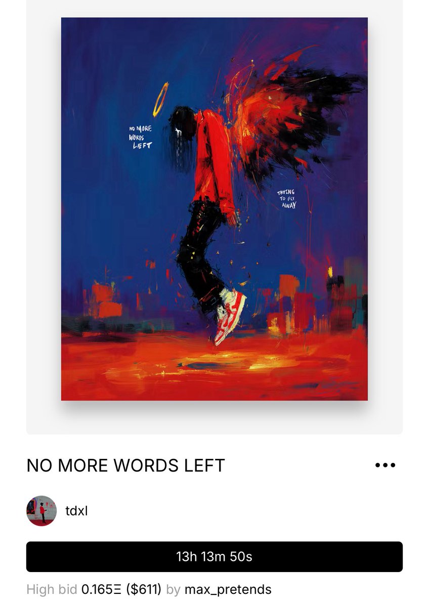 Dxl (@t_dxl_) on Twitter photo Gm ✌🏻
„NO MORE WORDS LEFT“
received another bid by <a href="/maxpretends/">max pretends 🍁</a>!
Thank you so much ❤️🔥 Gm ✌🏻
„NO MORE WORDS LEFT“
received another bid by <a href="/maxpretends/">max pretends 🍁</a>!
Thank you so much ❤️🔥