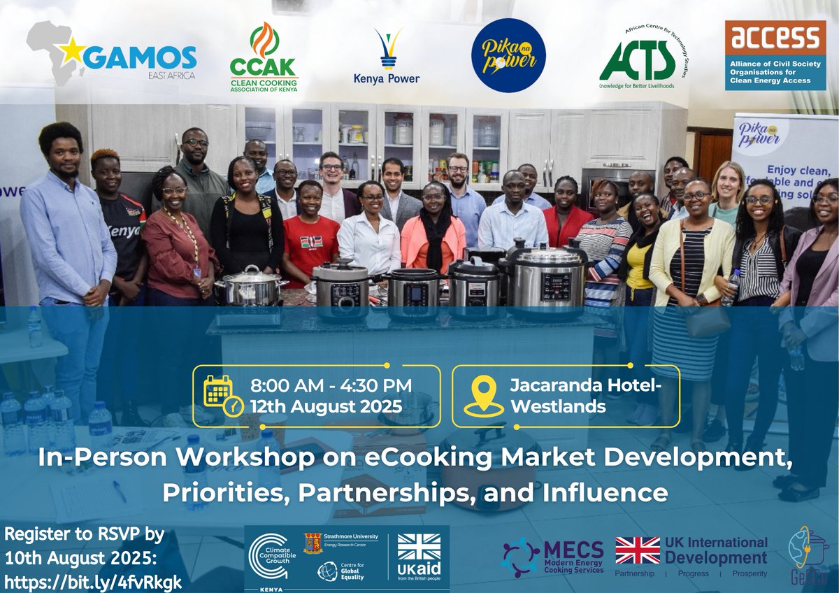 CCGResearch (@researchccg) on Twitter photo Strategic Workshop on eCooking Market Development, Priorities, Partnerships, and Influence. 📅 Tuesday, 12 August, 8:00 AM – 4:30 PM 🕒 at Jacaranda Hotel, Westland, Nairobi.
Co-organized by <a href="/GamosEastAfrica/">Gamos East Africa</a> , <a href="/KenyaPower/">The Kenya Power & Lighting Company Plc.</a> <a href="/CleanCookingKe/">Clean Cooking Association of Kenya</a> + @ACTS. Supported by <a href="/UKMECS/">Modern Energy Cooking Services</a> + us. ⭐ Strategic Workshop on eCooking Market Development, Priorities, Partnerships, and Influence. 📅 Tuesday, 12 August, 8:00 AM – 4:30 PM 🕒 at Jacaranda Hotel, Westland, Nairobi.
Co-organized by <a href="/GamosEastAfrica/">Gamos East Africa</a> , <a href="/KenyaPower/">The Kenya Power & Lighting Company Plc.</a> <a href="/CleanCookingKe/">Clean Cooking Association of Kenya</a> + @ACTS. Supported by <a href="/UKMECS/">Modern Energy Cooking Services</a> + us. ⭐