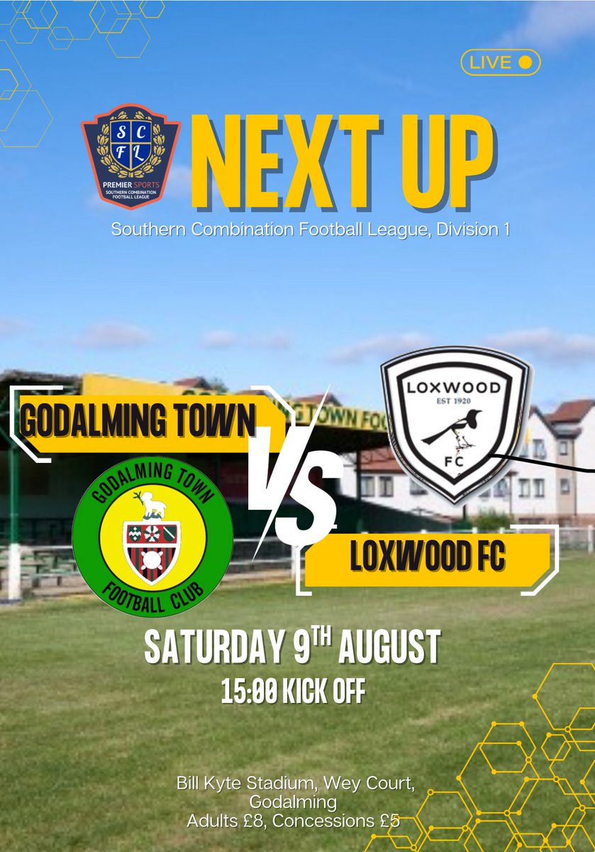 Godalming Town FC (@godalmingtown) on Twitter photo Next up for the Gs: SATURDAY
Its the opening game of the season as we welcome <a href="/loxwoodfc1920/">Loxwood FC Official</a> to The Bill Kyte Stadium. Kick off 3pm. Teabar and bar will be open. Come and cheer the boys on. COYGS. Next up for the Gs: SATURDAY
Its the opening game of the season as we welcome <a href="/loxwoodfc1920/">Loxwood FC Official</a> to The Bill Kyte Stadium. Kick off 3pm. Teabar and bar will be open. Come and cheer the boys on. COYGS.
