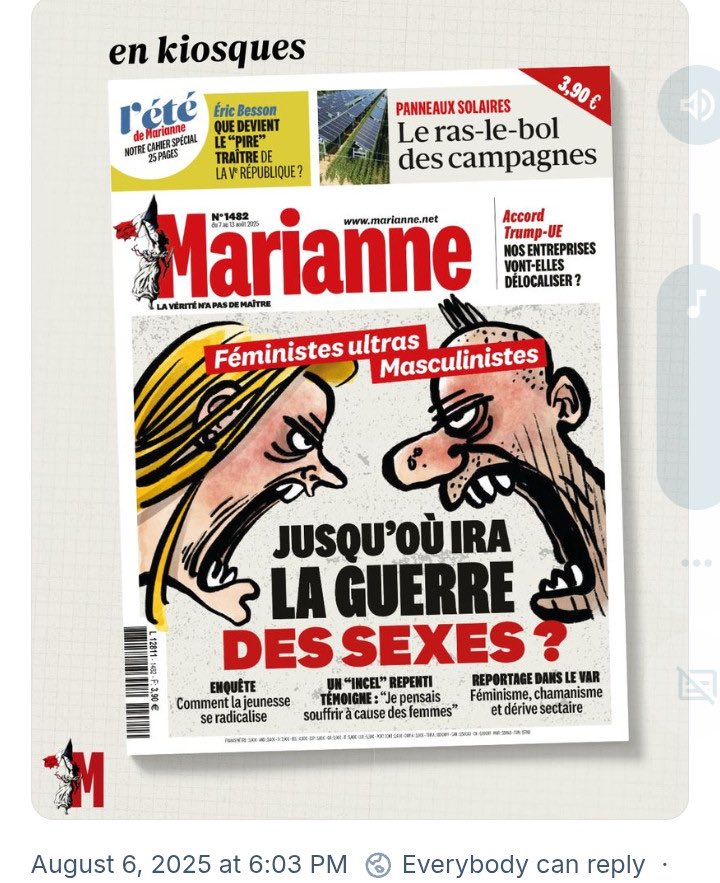 Johan Faerber (@jfaerber) on Twitter photo Une classiquement néofasciste de Marianne avec évidemment la guerre : guerre des sexes, guerre de religion, guerre de civilisation, guerre des campagnes contre les villes.
La même dérive fasciste en moins mondain que Franc Tireur, autre poubelle hurlante. Une classiquement néofasciste de Marianne avec évidemment la guerre : guerre des sexes, guerre de religion, guerre de civilisation, guerre des campagnes contre les villes.
La même dérive fasciste en moins mondain que Franc Tireur, autre poubelle hurlante.
