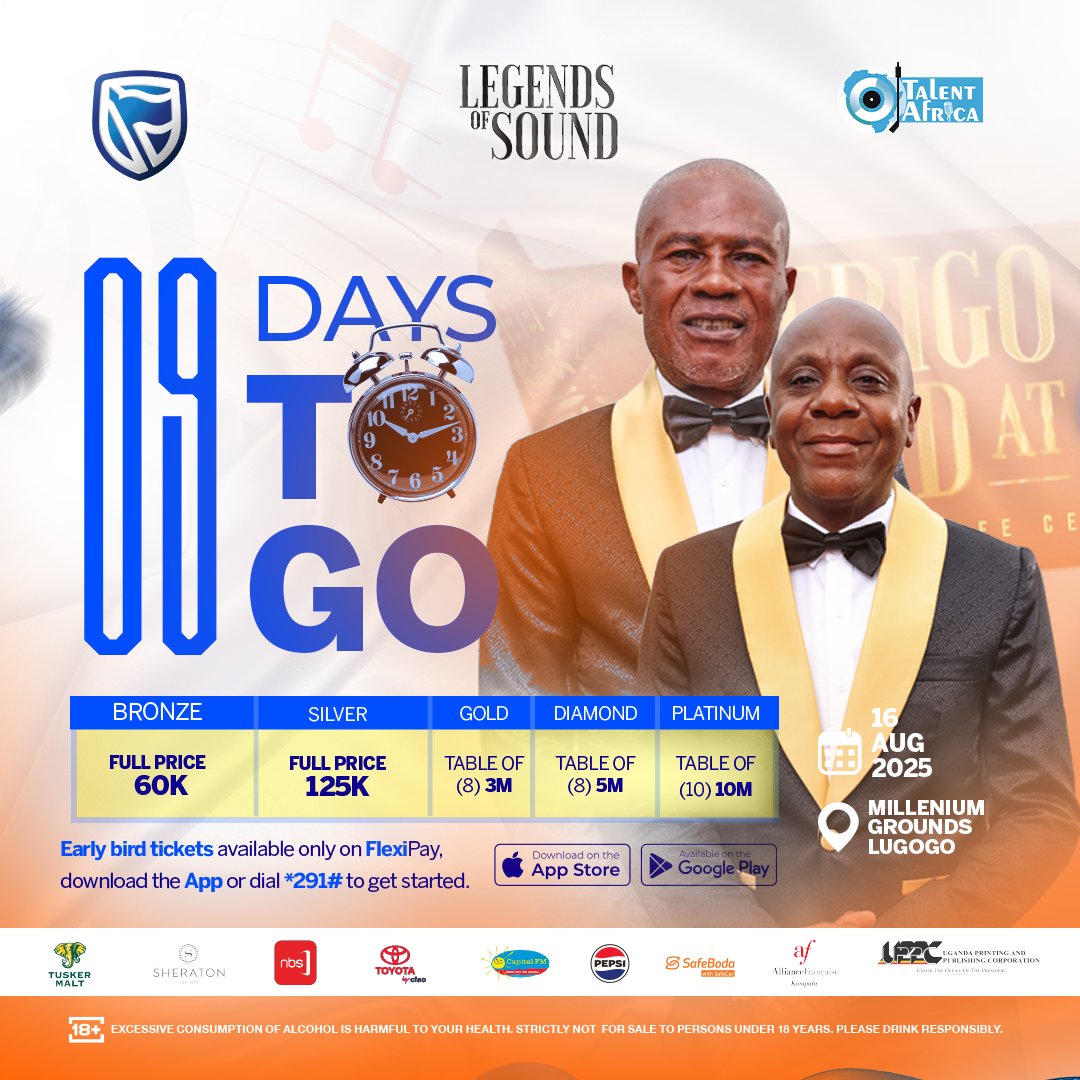 Only 9 days to go! 🔥
Afrigo Band <a href="/50/">max</a> is about to rock Lugogo with a legendary show 🎤💃🏽

🎟 Bronze: 60K | Silver: 125K
🪑 Tables (selling FAST):
Gold – 3M | Diamond – 5M | Platinum – 10M

📍Millennium Grounds
📅 16th Aug

Tickets and tables are flying! Don’t be the one scrolling