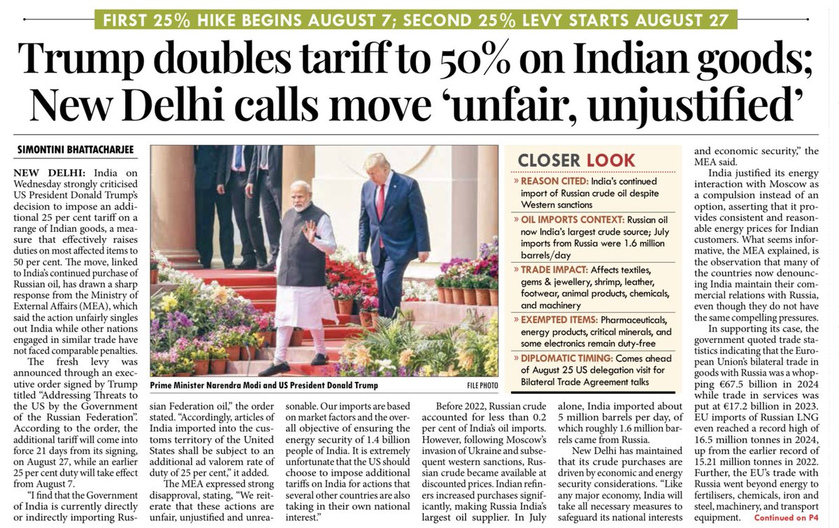 Simontini Bhattacharjee (@simontinib) on Twitter photo India slams US tariffs, calls targeting of Russian oil imports unfair and unjustified. MEA asserts energy ties with Russia are vital for 1.4B citizens. National interest comes first. #IndiaFirst
I write for <a href="/mpostdigital/">MillenniumPost</a> 🔗 millenniumpost.in/big-stories/tr… India slams US tariffs, calls targeting of Russian oil imports unfair and unjustified. MEA asserts energy ties with Russia are vital for 1.4B citizens. National interest comes first. #IndiaFirst
I write for <a href="/mpostdigital/">MillenniumPost</a> 🔗 millenniumpost.in/big-stories/tr…