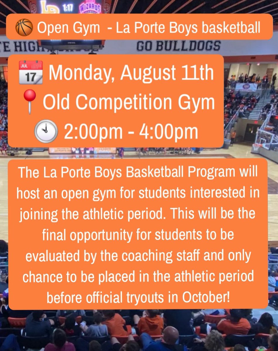 🚨Open Gym Next Monday🚨
<a href="/lpisd/">La Porte ISD</a> <a href="/RecruitLP/">La Porte HS Recruiting (ALL SPORTS)</a> <a href="/LaPorteTXHS/">La Porte High School Official</a> <a href="/LPISDstrength/">LPISDstrength</a>