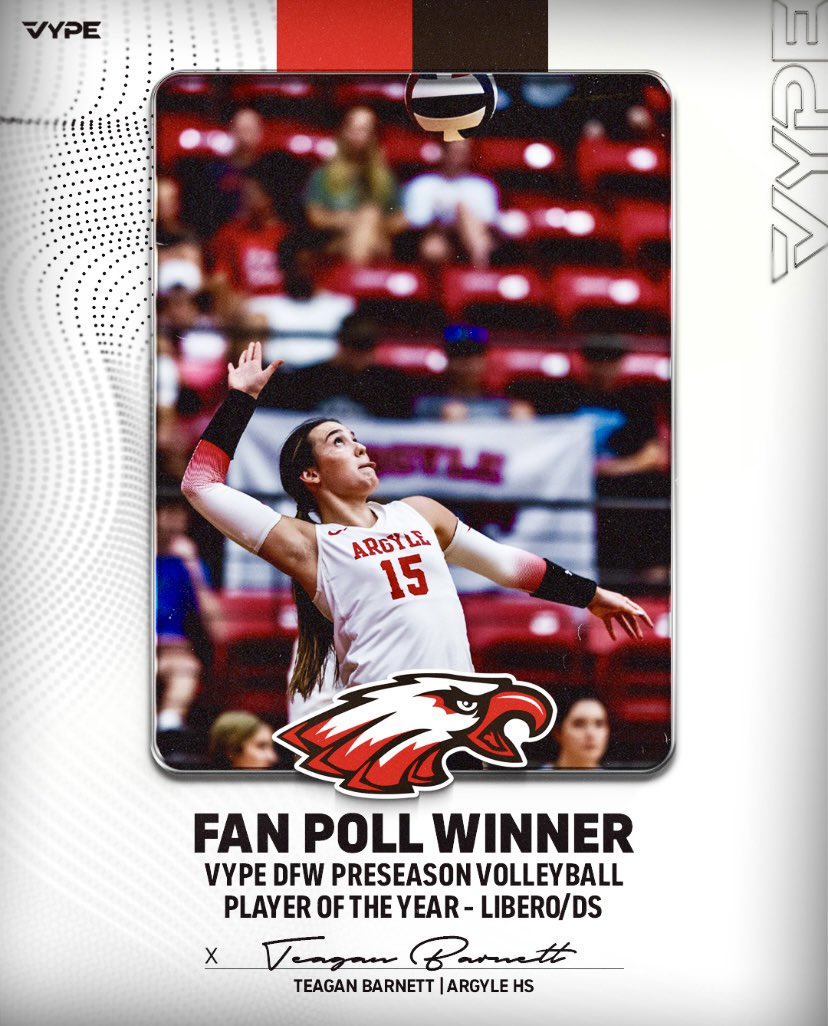 VYPE DFW (@vypedfw) on Twitter photo Congratulations to the winner of our recent VYPE Dallas-Fort Worth 2025 Preseason Libero/DS of the Year🏐🏆 fan polls -- Teagan Barnett (Argyle)🦅 -- who was voted on this past week!
<a href="/argyleeaglevb/">Argyle Eagle Volleyball</a> <a href="/ArgyleSports/">Argyle Eagles Booster Club</a> Congratulations to the winner of our recent VYPE Dallas-Fort Worth 2025 Preseason Libero/DS of the Year🏐🏆 fan polls -- Teagan Barnett (Argyle)🦅 -- who was voted on this past week!
<a href="/argyleeaglevb/">Argyle Eagle Volleyball</a> <a href="/ArgyleSports/">Argyle Eagles Booster Club</a>