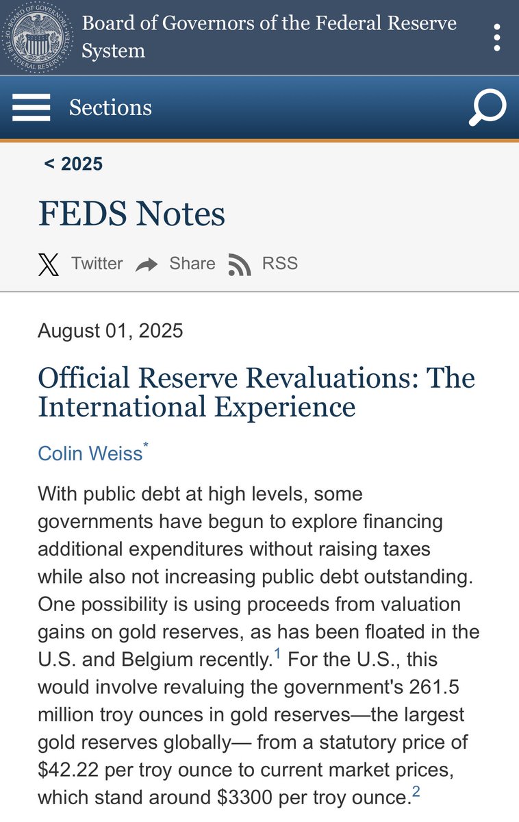 🚨 The Fed recently dropped an article on Gold revaluation 👀

They don't publish pieces like this for fun.

Pay attention, something big is brewing behind the scenes. 

federalreserve.gov/econres/notes/…