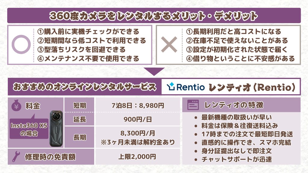 grape_piyo's tweet image. 📸【360度カメラ、買う前に試すべし！】
高価なガジェットこそ、レンタルが正解◎

✅最新機種を気軽に試せる
✅メンテ不要 &amp;amp; 安心補償
✅短期ならコスパ最強

👀おすすめは「Rentio（レンティオ）」！
送料・保険込みで即発送📦

詳細はこちらの図解で👇
#Rentio #360度カメラ #Insta360