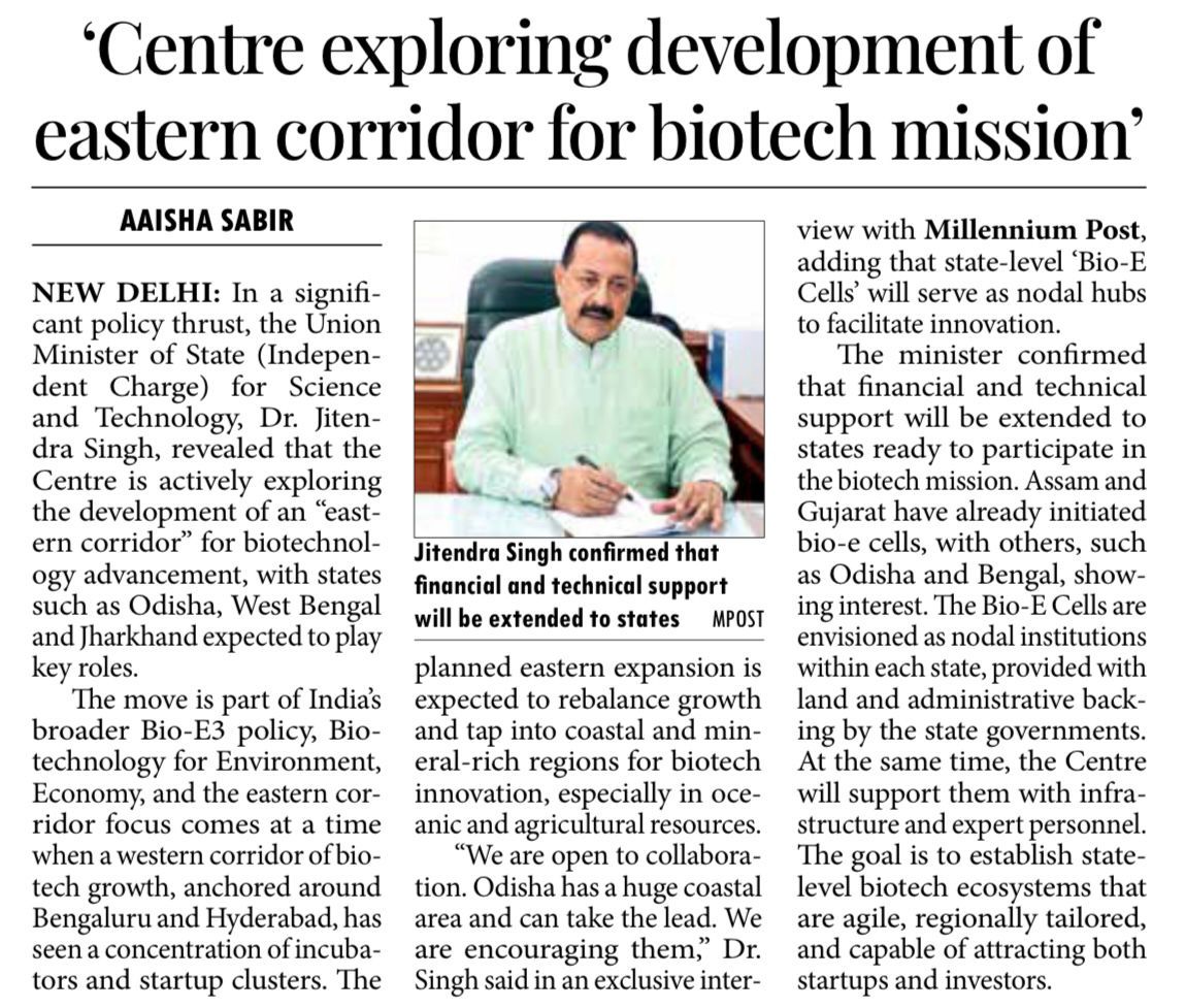 Millennium Post: Centre exploring development of eastern corridor for biotech mission
#DBT 

Read:
millenniumpost.in/nation/centre-…
