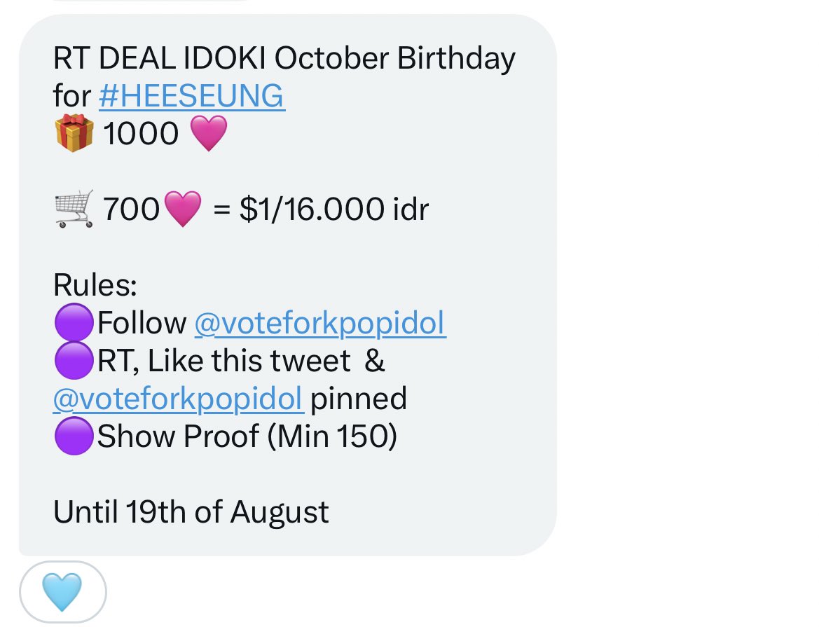jai (@hsldreamy) on Twitter photo RT DEAL IDOKI October Birthday for #HEESEUNG
๐ 1000 ๐ฉท
๐ 700๐ฉท = $1/16.000 idr
Rules:
๐ฃFollow <a href="/voteforkpopidol/">wts votes!</a>
๐ฃRT, Like this tweet & <a href="/voteforkpopidol/">wts votes!</a> pinned
๐ฃShow Proof (Min 150)
Until 19th of August RT DEAL IDOKI October Birthday for #HEESEUNG
๐ 1000 ๐ฉท
๐ 700๐ฉท = $1/16.000 idr
Rules:
๐ฃFollow <a href="/voteforkpopidol/">wts votes!</a>
๐ฃRT, Like this tweet & <a href="/voteforkpopidol/">wts votes!</a> pinned
๐ฃShow Proof (Min 150)
Until 19th of August