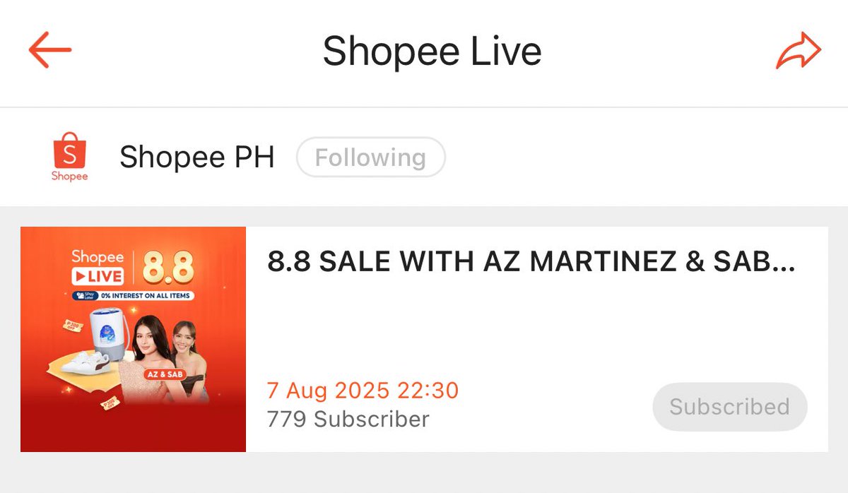 Guys, share niyo naman tong link ng shopee live ni AZ later. Let’s reach 1k subscriber. Pls share sa lahat ng socmed platforms. Thank you! 

live.shopee.ph/p/share?share_…