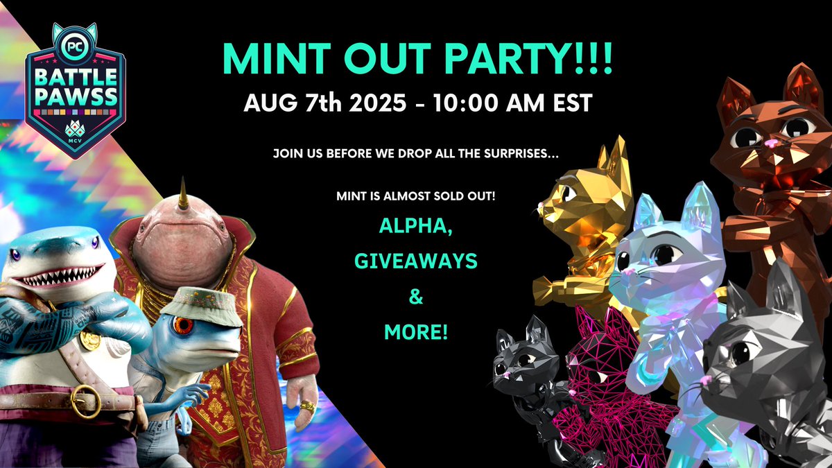 Jay B 😻🚀 (@classicscrypto) on Twitter photo THE DAY IS HERE!
The <a href="/BattlePawss/">Battle Pawss</a> Mint-out Party kicks off Thursday 10:00 AM EST
We're celebrating with live giveaways & more surprises you won't want to miss
At mint-out we announce the reveal date! Almost 80% sold out! Grab your Battle Pawsses & see you there!
👇👇 THE DAY IS HERE!
The <a href="/BattlePawss/">Battle Pawss</a> Mint-out Party kicks off Thursday 10:00 AM EST
We're celebrating with live giveaways & more surprises you won't want to miss
At mint-out we announce the reveal date! Almost 80% sold out! Grab your Battle Pawsses & see you there!
👇👇