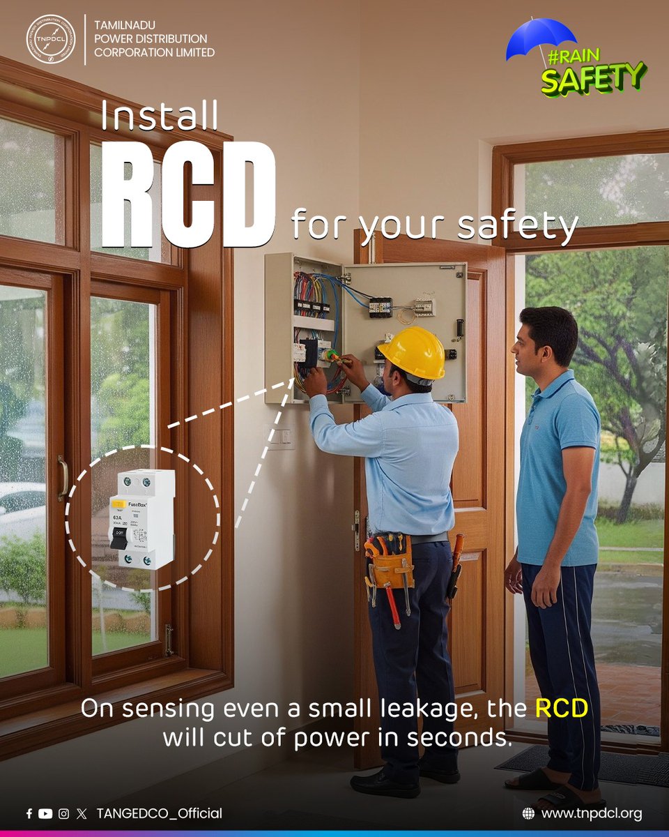 #RainSafety | Install #RCD for your safety.👍🏻

On sensing even a small leakage, the RCD will cut of power in seconds.⚡

#TNEB | #TNPDCL | #TANGEDCO