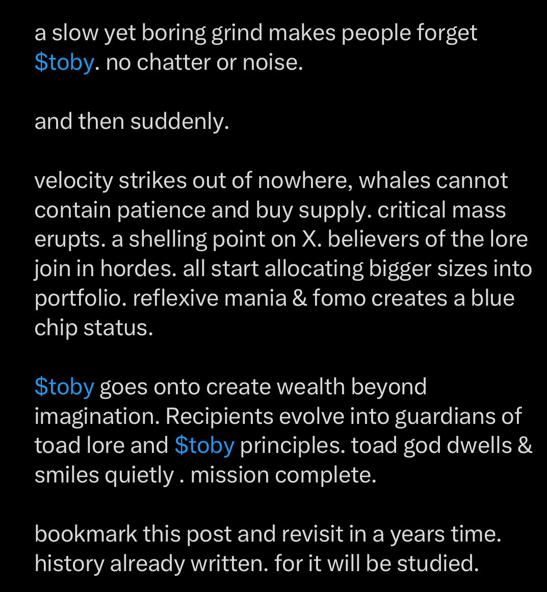 “…whales cannot contain [PATIENCE] and buy supply…”

the lore speaks

<a href="/toadgod1017/">$toby base toadgod</a> <a href="/jessepollak/">jesse.base.eth</a> <a href="/brian_armstrong/">Brian Armstrong</a> <a href="/base/">Base</a> <a href="/baseapp/">Base App</a>