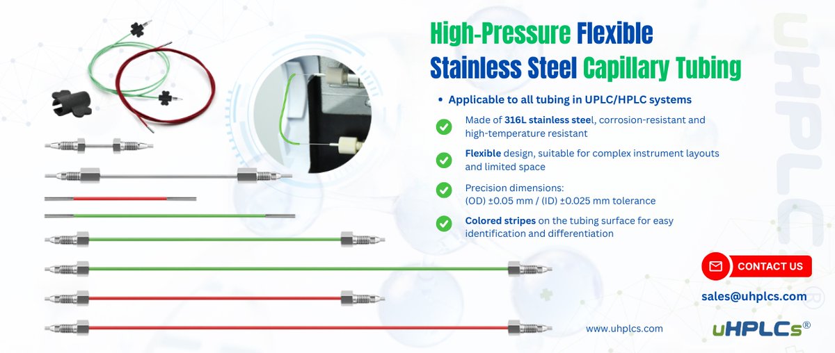 uhplcs's tweet image. Need reliable tubing for your HPLC/UPLC system?
Our 316L stainless steel capillary tubing offers:
✔ High pressure resistance
✔ Tight tolerances (±0.05mm OD / ±0.025mm ID)
✔ Flexible design for complex setups
✔ Color-coded for easy ID
#HPLC #UPLC #LabTech #Chromatography