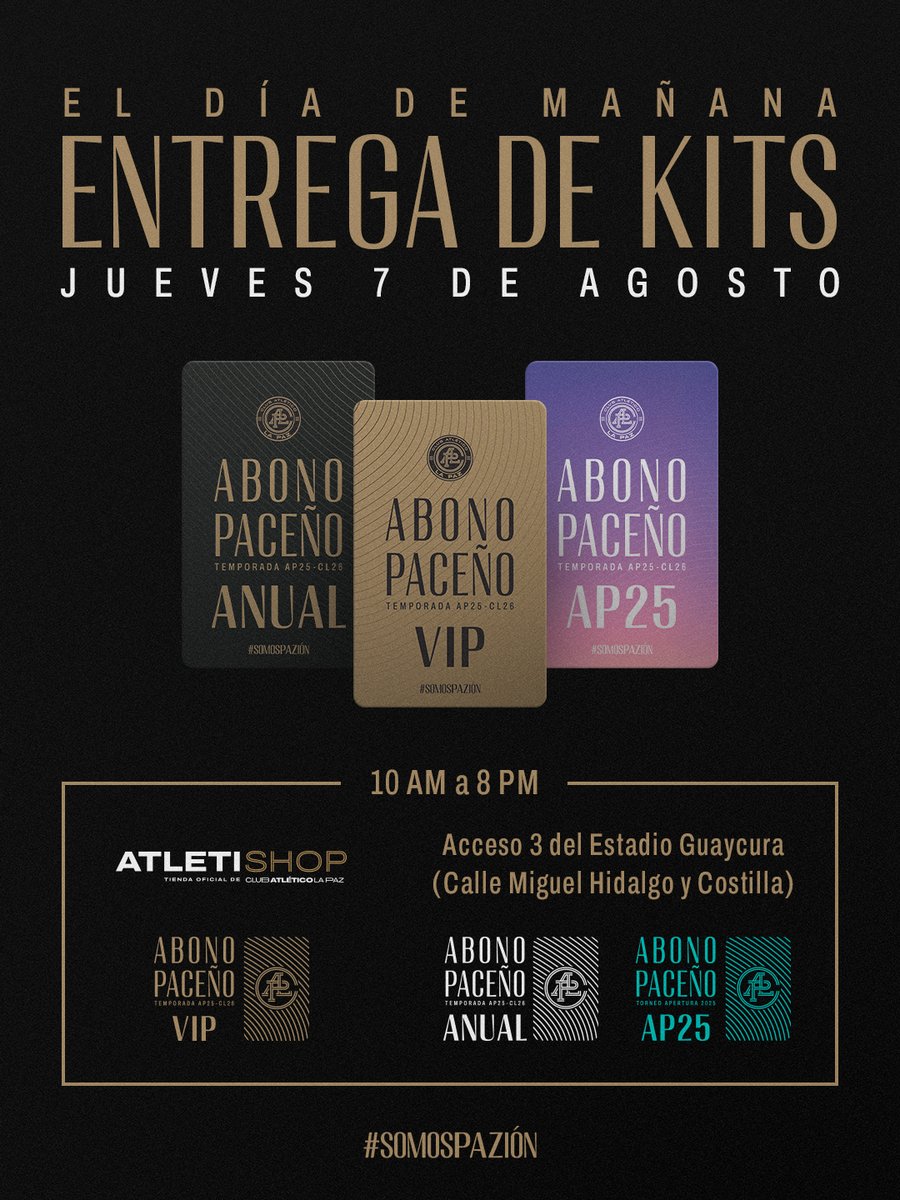 Es mañana palomilla 🟠 ⚫️

En punto de las 10AM comienza la entrega del Abono Paceño en Atletishop para la palomilla VIP y en el Acceso 3 del estadio Guaycura para la familia anual y semestral.

No olviden su comprobante de pago 👀

🎟️ ¿Aún no tienes el tuyo? Estás a tiempo,