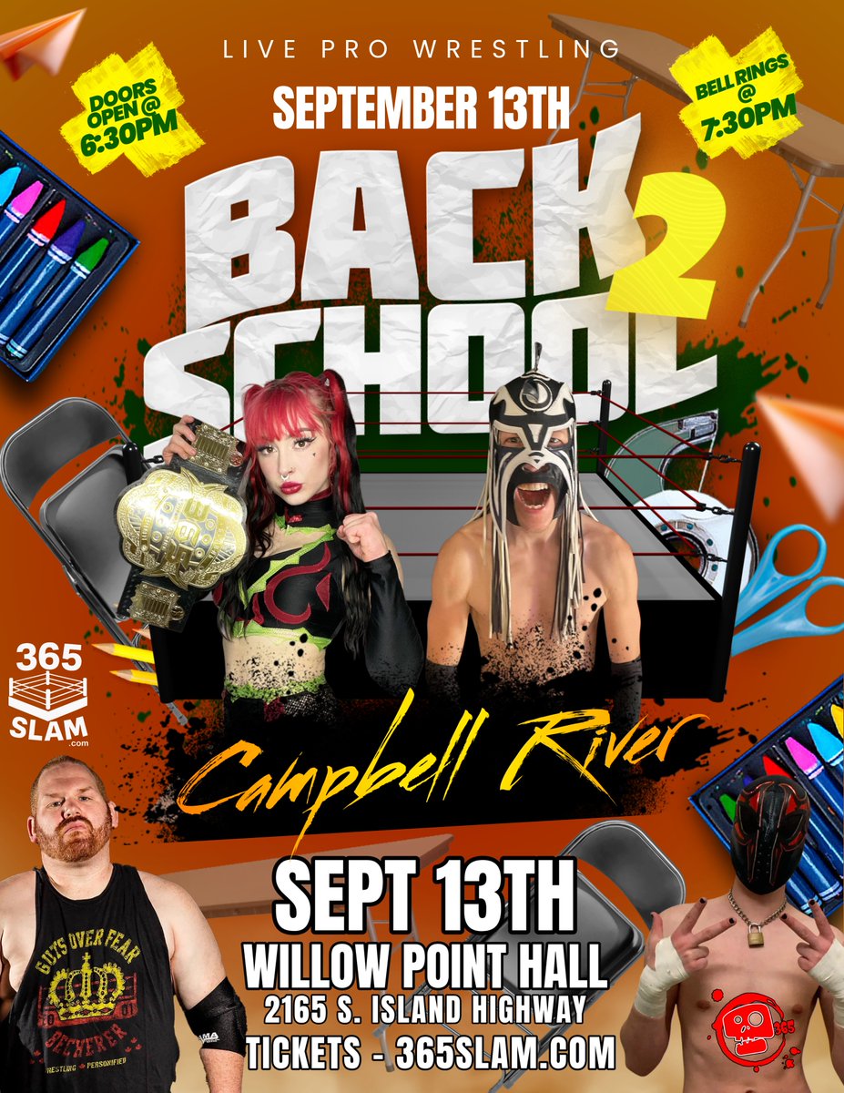 Join 365 Pro Wrestling in #CampbellRiver on September 13th.  We will be back at the Willow Point Hall with the doors opening at 6:30pm and the bell ringing at 7:30pm to start the event.  Tickets can be purchased at 365slam.com