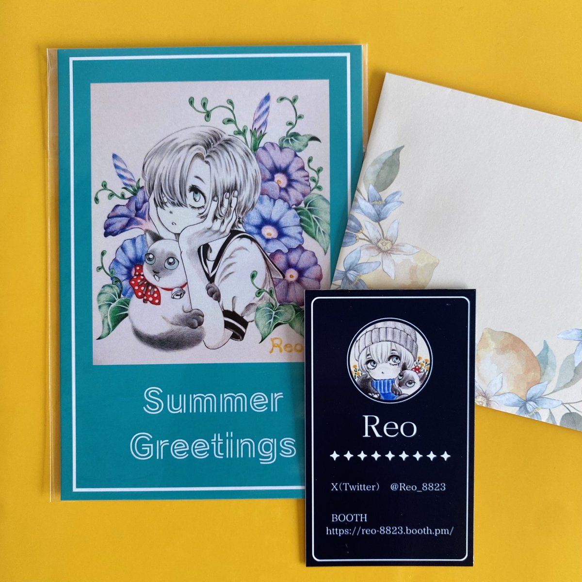 Reoさん（<a href="/Reo_8823/">Reo</a>）から、とっても素敵な暑中見舞いが届きました🩵🎐✨
涼しげで心が和むイラストと、体調を気遣う温かいお心遣いに、夏の疲れが癒やされました(*´˘`*)♡♡🍉
モノトーンのかっこいいお名刺もお入れして下さり嬉しいです！🥰
Reoさん、ありがとうございます🙏😊💕💕