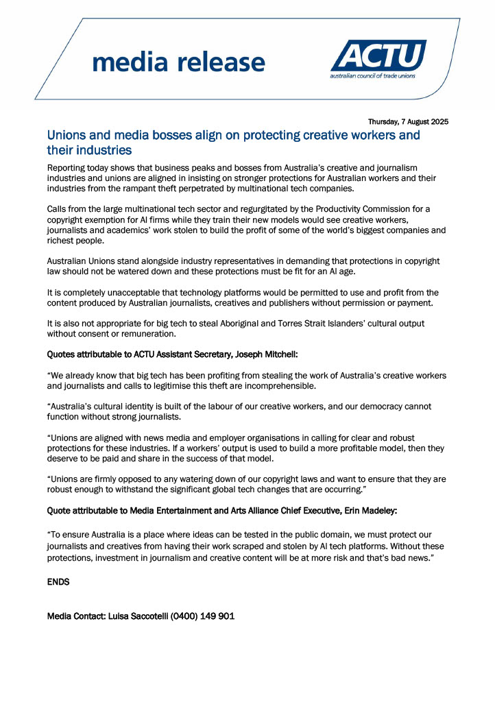 Unions and media bosses align on protecting creative workers and their industries